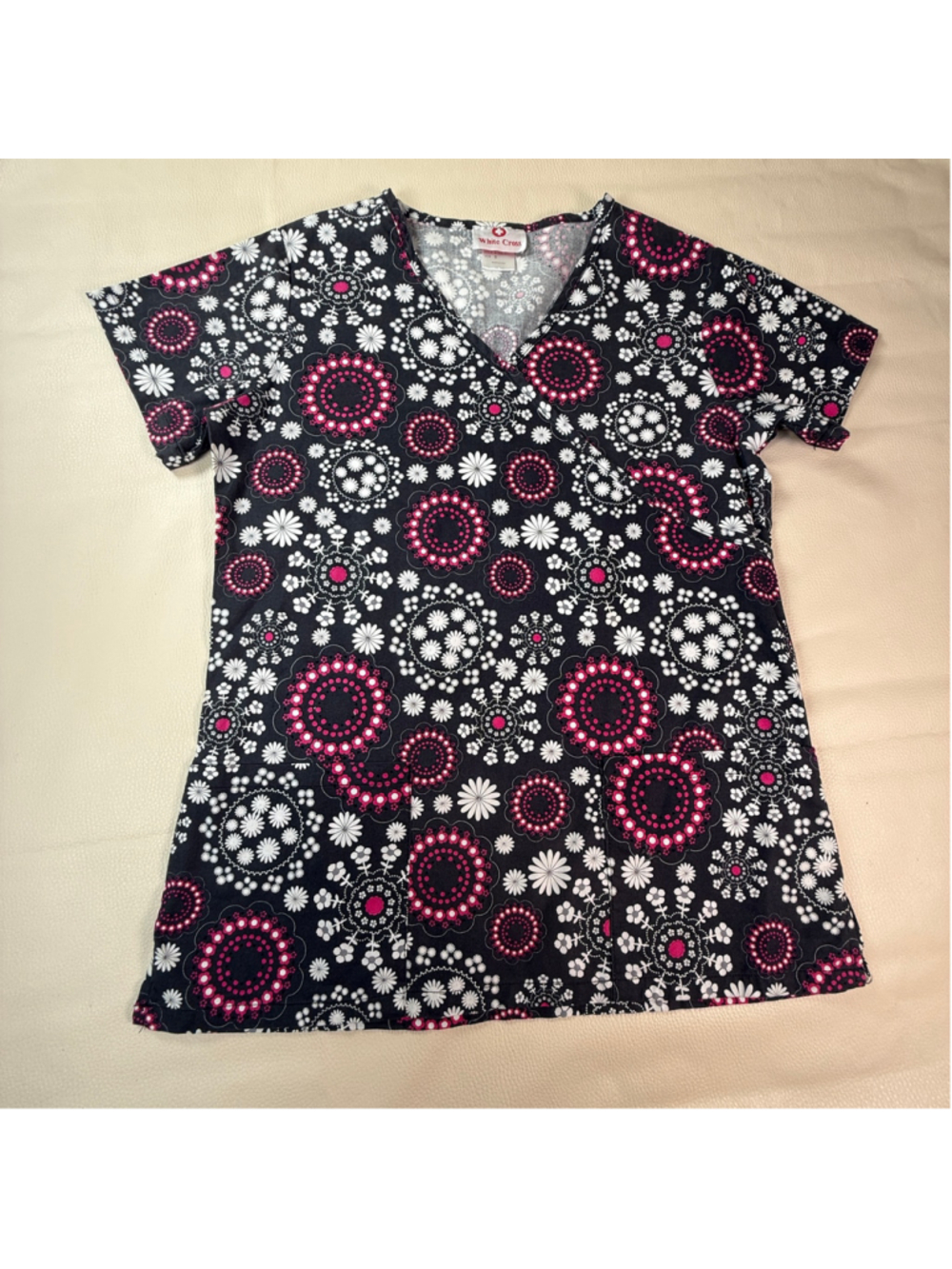 White Cross Scrub Top Women Small Black Pink White Floral V Neck Nurse Medical